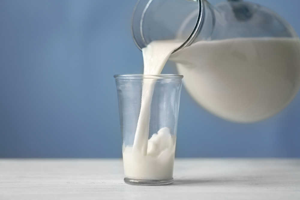 Milch wird aus Krug in ein Glas geschenkt